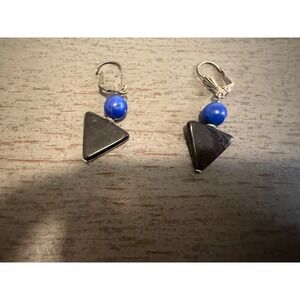 black triangle dangle earring blue bead geometric vintage